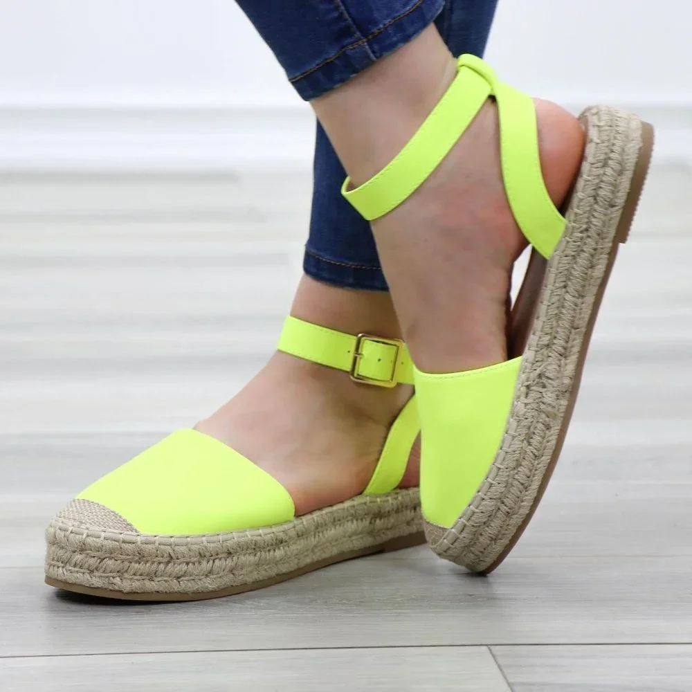 Neon Yellow Espadrille Ankle-Strap Sandals